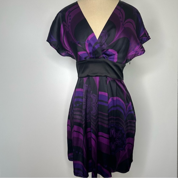Express Silk Mini Surplice Dress Purple and Black Retro vintage XS - Picture 1 of 16